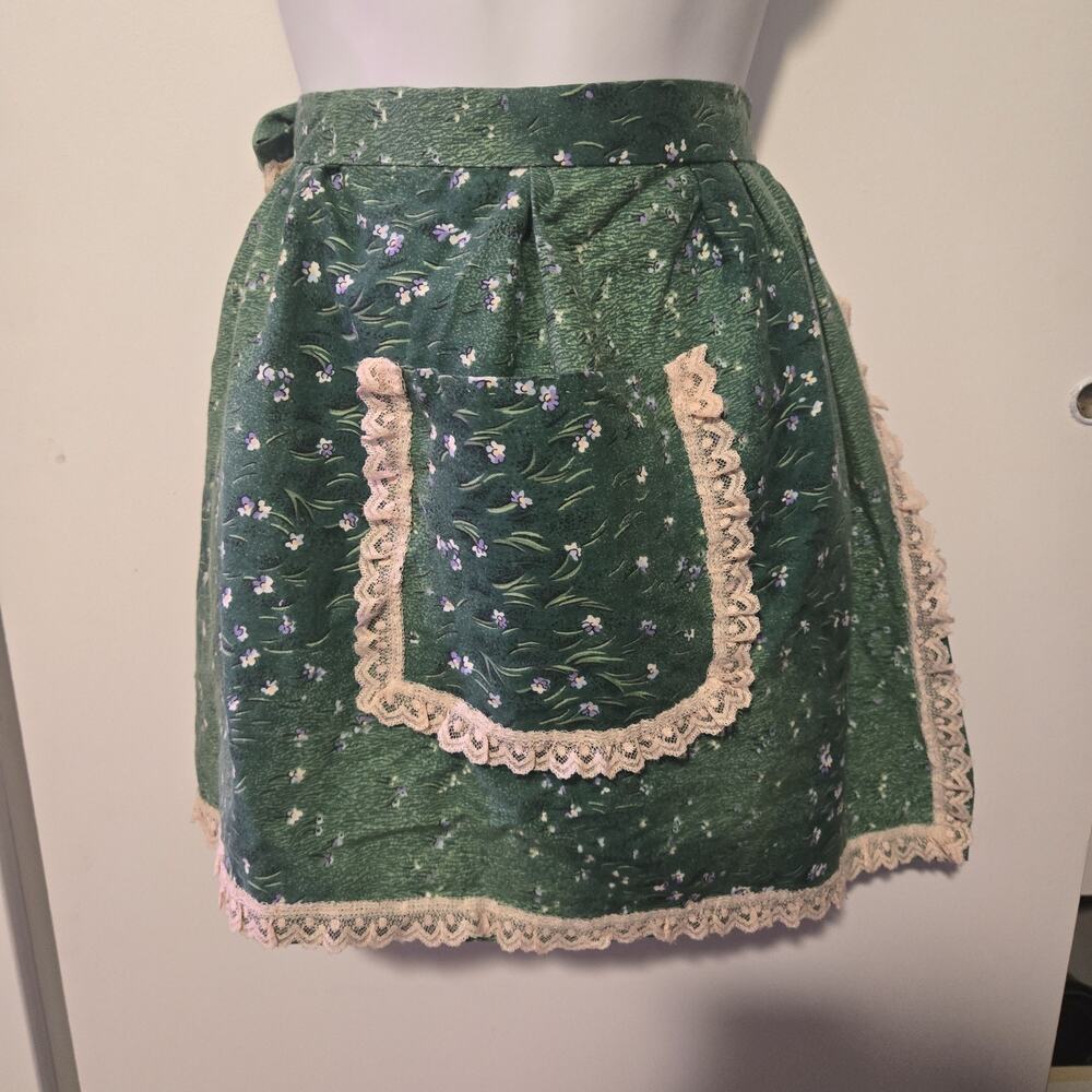 Vintage Green Floral Half Apron With Lace Pocket Hostess Handmade‎